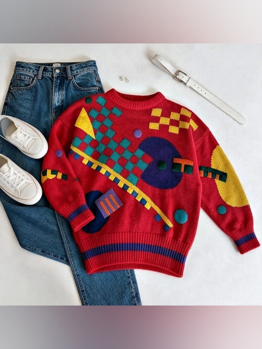 Very RARE 1987 ESPRIT Memphis Design Style "Pac-Man" Sweater Fits S-L Colorblock